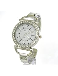Slim and Classy Silver Ladies Bangle Watch with Crystals and WHITE Enamal Band