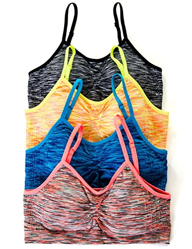 4 Pack Kalon Nylon Spandex Removable Pads Comfort Bras (One Size S/M, Tri-blend Black/Yellow/Blue/Coral)