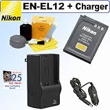 Nikon EN-EL12 Rechargeable Lithium-ion Battery + AC/DC Battery Charger for Nikon Coolpix S70, S610, S610c, S620, S630, S620, S640, S710, S1000pj, S6000, & S8000 Digital Cameras