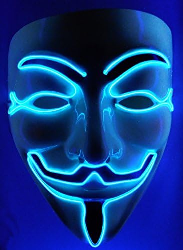 Blue El Wire Rave LED Mask, Light up Guy Fawkes, Anonymous, V for Vendetta Mask, Edm, Halloween