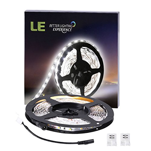 LE 16.4ft/5m Flexible LED Light Strips, 300 Units SMD 3528 LEDs, 12V DC Flexible LED Strip Lights, Daylight White, Non-waterproof, Lighting Strips, LED Tape, for Gardens/Homes/Kitchen/Cars/Bar