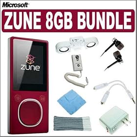 Microsoft Zune 8GB Digital Media Player (Red) -Plus- Deluxe Accessory Kit - Black Zune MP3 Headphones - Wireless Fm Transmitter for Zune and MP3 - Digital Audio Player Portable Speaker System - Jellybean Ear buds Headsets 2 Pack - MP3 Player Ear Bud Multiple User Splitter Cable - USB AC Charger for all MP3 - Sock for All Zune Or MP3 - Durable Cleaning Cloth.