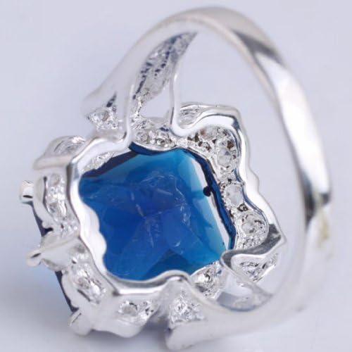 925 Sterling Silver White Gold Plated 10X12MM Oblong Shape Simulated Blue Sapphire Ring Size 7