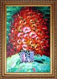 Blooming Fire Red Roses Bouquet Oil Painting, with Exquisite Dark Gold Wood Frame 42.5 x 30.5 inches