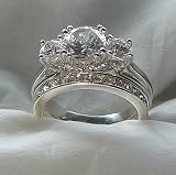 Large Antique Estate Style 3 Stone Cz Wedding Ring Set 14k White Gold 925