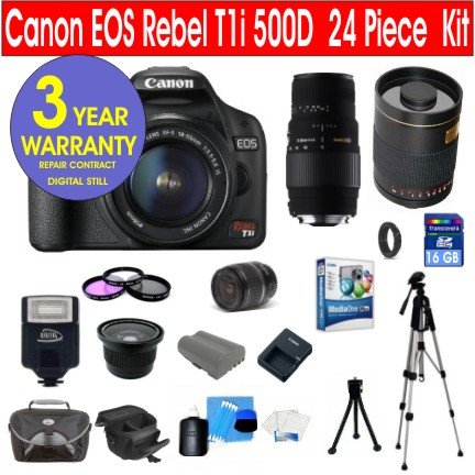 Canon EOS Rebel T1i 500D 15.1 MP Digital SLR Camera with Canon EF-S 18-55mm IS Lens + Sigma 70-300mm Telephoto Zoom Lens + Rokinon 500mm F/8 Lens with 2x Converter (=1000mm) + .42x Wide Angle Lens with Macro + 16 GB Memory Card + Multi-Coated 3 Piece Filter Kit + Digital Slave Flash + Corel MediaOne Plus Software + 11 Piece Accessory Kit + Deluxe Camera Case + 3 Year Warranty Repair Contract