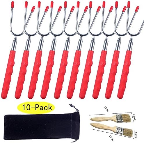 10PCS Marshmallow Roasting Sticks Telescoping to 33.5" Pack of 10 Stainless Steel Rotating Smores Skewers Antiskid Handle For Barbecue Skewers,BBQ,Camping,Hotdog Forks|Bonus:Storage Pouch,BBQ brush