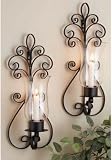 Home Essentials Set of Two (2) 17-inch Candle Holder Sconces, Large Black Metal Wall Sconces for Candles