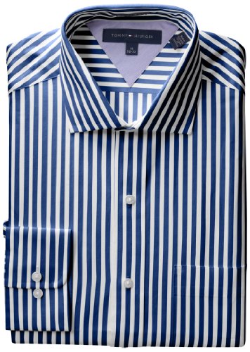 Tommy Hilfiger Men's Long Sleeve Reg Stripe Spread, Navy, 17.5 34-35