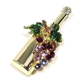 Gold-Tone Wine Bottle & Purple Violet Color Austrian Rhinestone Grape Design Brooch Pin