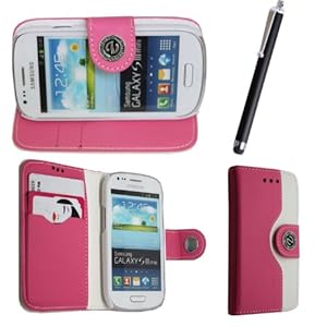 SAMSUNG GALAXY S3 S III MINI I8190 PREMIUM QUALITY PU LEATHER MAGNETIC FLIP CASE SKIN COVER POUCH + SCREEN PROTECTOR + FREE STYLUS (Pink and White Book Flip)