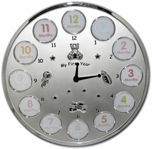 'My First Year' Multi-Photo Frame Clock (Silver colour.  Holds 12 photographs)