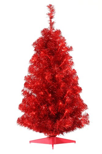 CHRISTMAS 3 FT Paradise RED Tinsel Tree with Lights