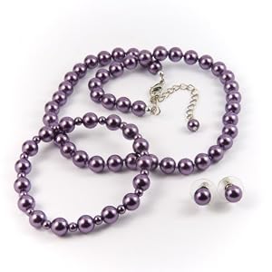 Purple 8mm Glass Pearl Necklace, Bracelet and Earring Set by