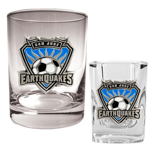 San Jose Earthquakes MLS Rocks Glass and Square Shot Glass Set - Primary Logo