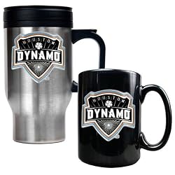 Houston Dynamo MLS Stainless Steel Travel Mug and Black Ceramic Mug Set - Primary Team Logo by Great American Products