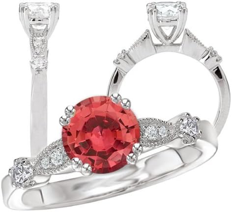 14k Premium Collection cultured 6.5mm round padparadscha engagement ring with natural diamonds