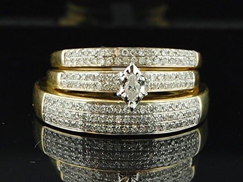 14K Yellow Gold Marquise Cut Solitaire Engagement Wedding Trio Set .52 Cttw
