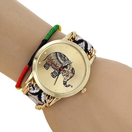 ZCtimer (TM) Retro Geneva Elephant Charm Women Colorized Weave Belt Wrist Bracelet Watch Black