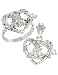Sterling Silver #1 Madre w/ Cupids Bow Heart Ring & Pendant Set CZ Stones Rhodium Finished