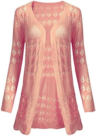 Zerdocean Women's Crochet Knit Lightweight Slim Fit Long Cardigan Pink