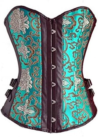 Women's Coffee Faux Leather Trims Turquoise Brocade Corset