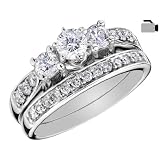 Three Stone Diamond Engagement Ring & Wedding Band Set 1 Carat in 14K White Gold