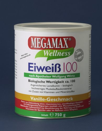 Megamax Eiweiss Vanille. Lactalbumin Protein mit Biologischer Wertigkeit ca. 100. Für Muskelaufbau und Diaet. Inhalt: 750 g