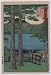 Vinyl Sticker of historic Japanese Art: a view of Chuzenji Lake with evergreen trees, a village, a torii, and people in the foreground and mountains in the background