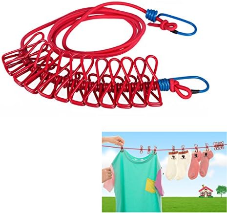 Clothesline Retractable ,Portable Travel Outdoor Windproof Clothes Line with 12 Wire Clips (Red)