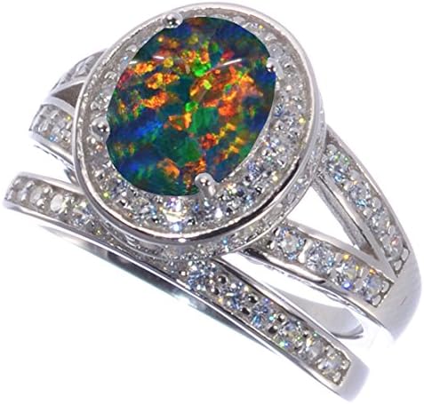 Bijoux Central Large Oval Created Black Fire Opal Engagement Bridal 925 Sterling Silver Ring Set