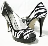 Zebra Satin Peep-Toe Pumps Chrome Heels Open Sides