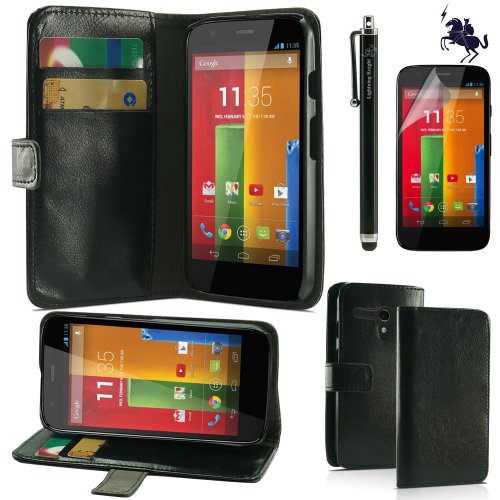 LK Motorola Moto G Wallet PU Leather Case Flip Cover Built-in Card Slots & Stand with Free Screen Protector & Stylus (Moto G, Black)