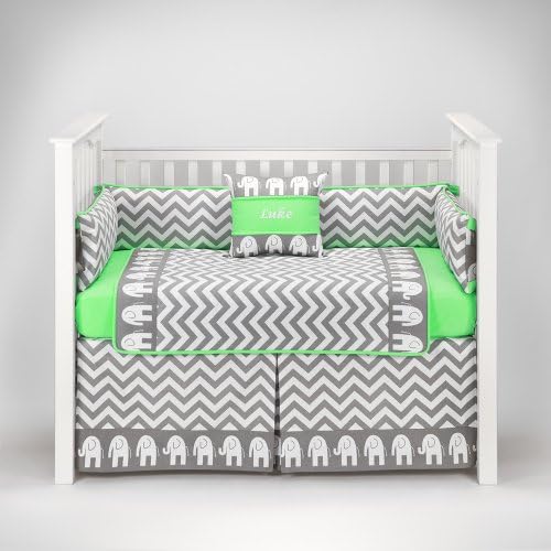 Elephant Chevron Zig Zag Gray &amp; Green Baby Bedding - 5pc Crib Set by Sofia Bedding