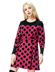 Round Neck Polka Dot Print Pleated Winter Wool Elbow Length Sleeves Fit-and-Flare  Dress