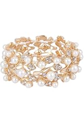 EVER FAITH&reg; Crystal Cream Simulated Pearl 1920's Style Leaf Stretch Bracelet Clear