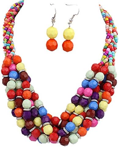 AIIGOU Twist Torsade Layers Colorful Ball Beaded Bib Choker Collar Necklace Earrings Multicolor
