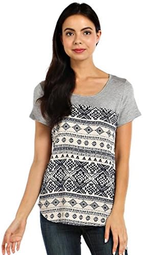 RACK29 - Ethnic Aztec Print Contrast Round Hem Knit Short Sleeve Top - Large, Grey