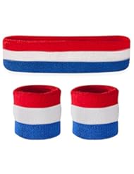 Sports: Suddora Striped Sweatband Set - (1 Headband and 2 Wristbands) High Quality Cotton for Sports & More. (Red White and Blue) - Suddora