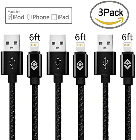 Lightning Cable, 3packs 6ft/2m USB Cable Nylon Braided Tangle-free High Speed Data Sync Charger Cord with Aluminum Connector for Apple iPhone 6/6s/5/5s/5c Plus iPad iPod iPad Air Mini (black)