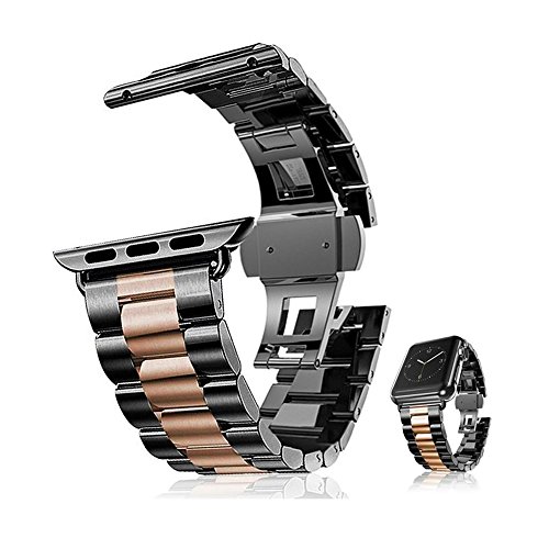 Apple Watch Band, AWStech 42mm Stainless Steel Replacement Smart Watch Band Wrist Strap Bracelet with Butterfly Buckle Clasp for Apple Watch All Models - Black Rosegold