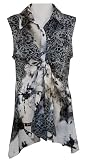 Boho Chic Clothing - Floral Blast, Overlay Print, Sleeveless, Spread Collar, Tie Off Button Front, Black & White Colored Womens Fashion Top