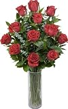 One Dozen Premium Long Stem Red Intuition Roses with Cylinder Hand Blown Glass Vase