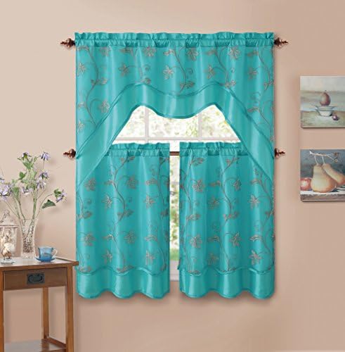 3 Piecen Double Layer Leaf Embroidered Kitchen Window Curtain Set with Valance (Blue)