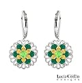 Gorgeous .925 Sterling Silver with 24K Yellow Gold over .925 Sterling Silver Dangle Earrings by Lucia Costin with Light Green, Dark Green Swarovski Crystals and 6 Petal Middle Flower