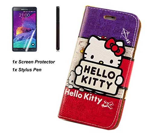 Case Cover for Samsung Galaxy Note 4 Cute Hello Kitty Themed Quality PU Leather Wallet Design Stand Cover Soft TPU Inside Skin Flip Cover Skin with Card Slots (say hello)