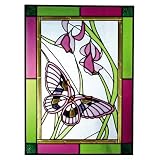 Butterflies Plum Green Art Glass Panel Wall Window Hanging Suncatcher 14 x 10