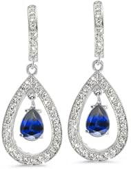 Pear Shaped Diamond Earrings In 18K White Gold With A 0.75 ct. Genuine Blue Sapphire Center Stone.