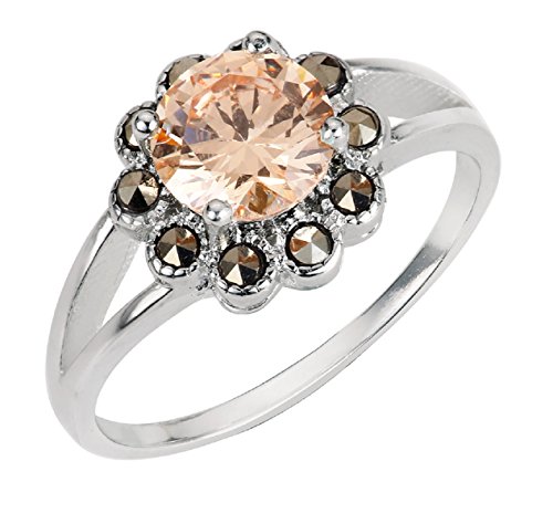 Vintage Aura Ring Rhodium Plated Brass Champagne Cubic Zirconia Simulated Marcasite (Sizes 4-13)