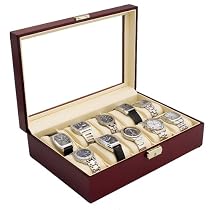 Rosewood Watch Display Storage Case Chest With Glass Clear Viewing Top Holds 10 Watches
